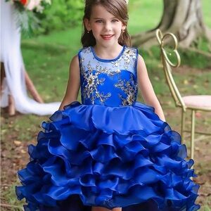 Handmade Royal Blue Kids Dress with Floral Embroidery